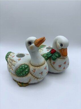 1987 Geo. Z. Lefton "Holly" Patchwork Christmas Goose candle holder - Set Of 2